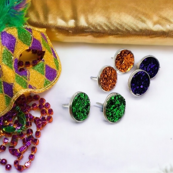 Sparkle & Shine: Mardi Gras Trio of Glitter Stud Earrings! NWT Studs - Picture 4 of 10